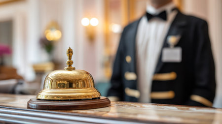 A golden bell shines brightly on a polished counter as a staff member stands ready to welcome visitors.の素材