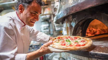 A skilled chef carefully removes a freshly baked pizza from the wood fired oven showcasing his craft.の素材