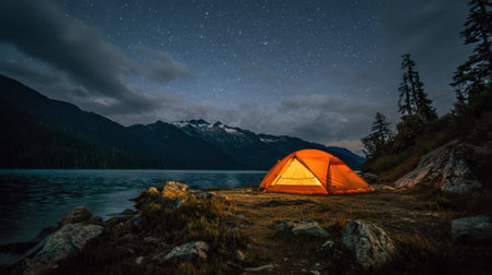 A cozy orange tent stands by a tranquil lake surrounded by majestic mountains and a starry sky.の素材
