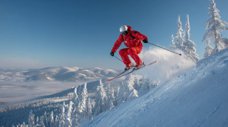 A skier in a bright red outfit soars through the air over snowy mountains showing impressive skills.の素材