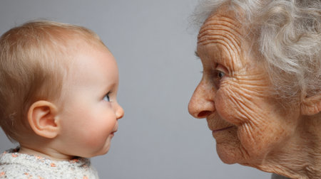 A baby smiles widely at an elderly woman showing their joyful bond during a peaceful moment.の素材