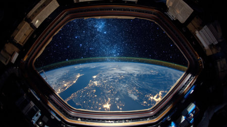 Earth is illuminated at night with glowing cities visible from the space station against a starry sky.の素材