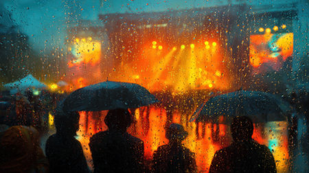 Crowds gather under umbrellas at an outdoor concert enjoying music despite the rain and vibrant lights.の素材