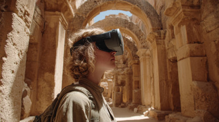 A person uses virtual reality gear to enhance their experience in historical ruins during daylight.の素材