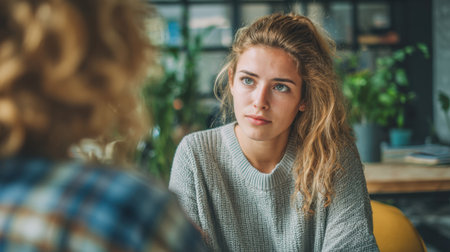 Two friends are deeply engaged in conversation in a warm cafe filled with greenery enjoying their time.の素材
