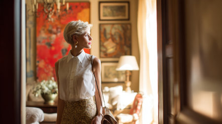 A stylish woman with short hair gazes out a sunlit window in a beautifully decorated room.の素材