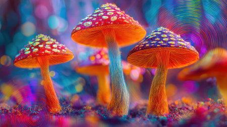 Mushrooms with bright caps shimmer as colorful lights swirl around them in a dreamy forest setting.の素材