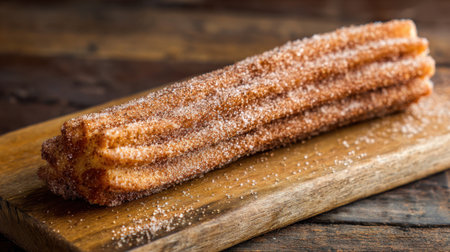 A single churro rests on a rustic wooden plate coated in sugar and cinnamon tempting all who see it.の素材