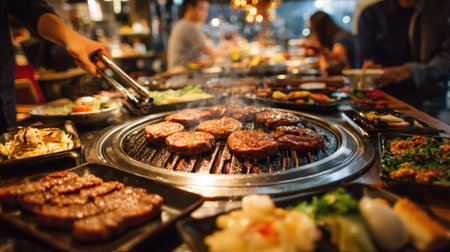 Friends gather around a grill to enjoy sizzling meat and vibrant side dishes during dinner.の素材