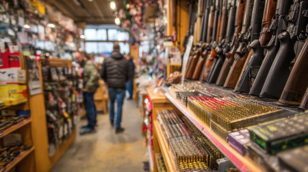 Customers browse through a variety of firearms and ammunition in a sporting goods shop.の素材