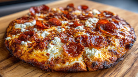 Hot cheesy pepperoni pizza rests on a wooden board showing melted cheese and crispy edges.の素材