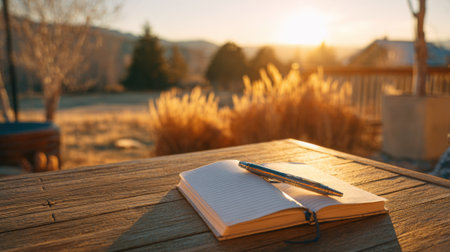 Golden rays of the morning sun light up a wooden table and a blank notebook inviting creativity.の素材