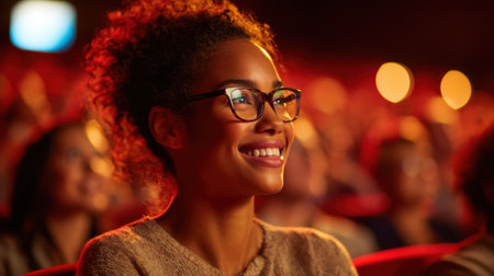 Surrounded by a warm atmosphere a young woman smiles while enjoying a film experience.の素材