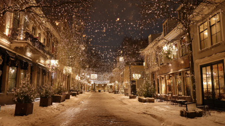 Snow blankets the ground as festive lights create a magical evening atmosphere in a cozy street.の素材