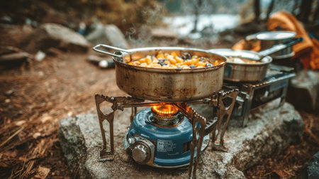 A camp stove sizzles with colorful vegetables being prepared under a serene autumn sky.の素材