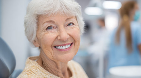 Happy elderly lady enjoys her visit to the dentist displaying a bright smile in a clean office.の素材