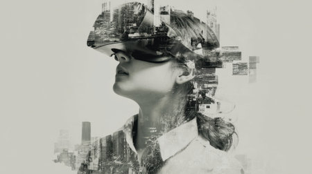 A young girl stands captivated by a virtual experience surrounded by digital cityscapes.の素材