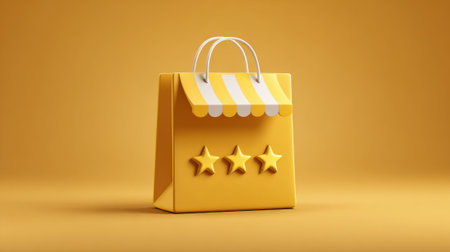 A cheerful yellow shopping bag with three stars sits beneath a striped awning on a sunny backdrop.の素材