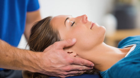 A person receives a soothing neck massage in a peaceful wellness studio enjoying tranquility.の素材