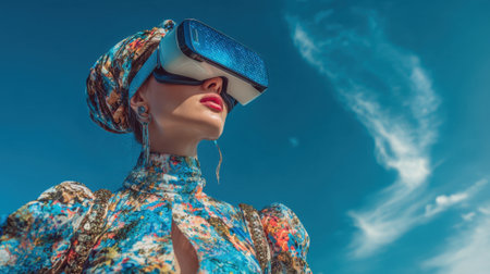 A woman in colorful attire enjoys a virtual reality experience while looking at the blue sky above.の素材