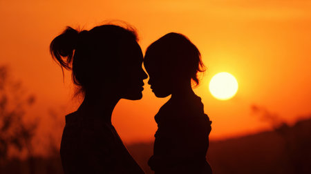 Mother and child embrace as the sun sets creating a warm and loving silhouette against the sky.の素材