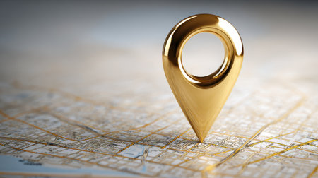 A golden location pin stands prominently on a detailed city map guiding explorers through urban landscapes.の素材