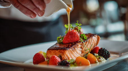A chef carefully adds a sweet glaze to a beautifully plated salmon dish garnished with vibrant fruits.の素材