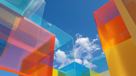 Brightly colored transparent cubes tower against the blue sky with fluffy clouds inviting creativity.の素材
