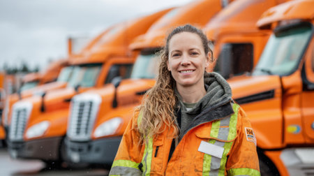 Woman in safety gear smiles confidently near bright orange trucks on a cloudy day in a transport yard.の素材