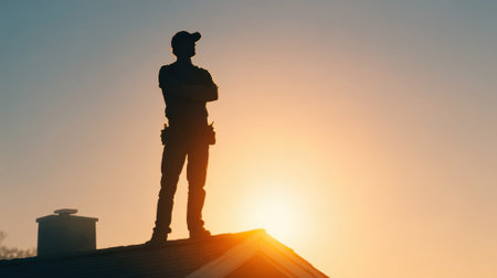 A figure stands confidently on a rooftop silhouetted against a vibrant sunset observing the horizon.の素材