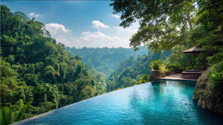 Lush green hills stretch across the horizon while a tranquil infinity pool invites relaxation in nature.の素材