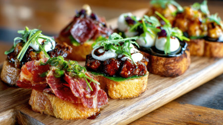 A colorful array of tapas showcases different toppings on crispy bread inviting all to enjoy gourmet flavors.の素材