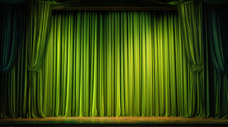 The vibrant green curtains hang elegantly setting the stage for an upcoming show or play.の素材