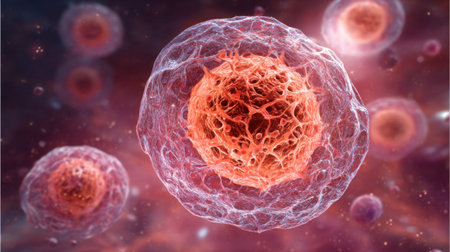 Cells are seen transforming and dividing displaying intricate details in a vivid microcosm.の素材