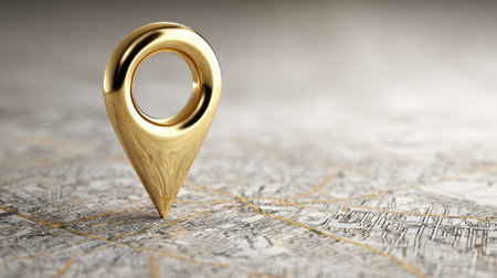A gleaming golden marker stands out against a detailed city map adorned with streets and landmarks.の素材