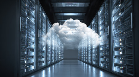 Rows of advanced servers line the walls of a data center while a digital cloud hovers above.の素材