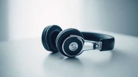 Stylish headphones lay on a modern table showcasing sleek design and soft colors in calming light.の素材