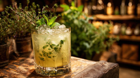 A refreshing herbal drink filled with ice and garnished with mint and thyme sits on a wooden table.の素材