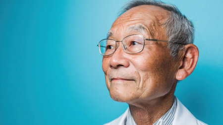 An elderly man with glasses looks thoughtfully to the side displaying a serene expression.の素材