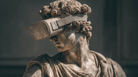 A classical statue wears a modern virtual reality headset blending history and technology creatively.の素材