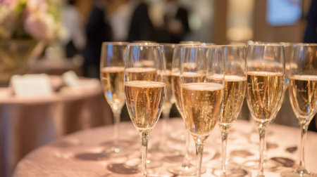 Elegant glasses filled with sparkling drinks stand ready for a joyous celebration creating anticipation.の素材