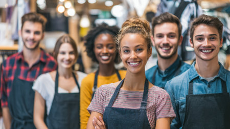 A group of six happy young employees stands together in a clothing store promoting teamwork and style.の素材