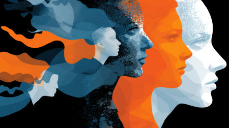 Colorful silhouettes of women merge in artistic harmony symbolizing unity and diverse identities.の素材