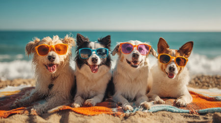Four joyful dogs sit on a beach towel sporting bright sunglasses and enjoying the sunny day.の素材