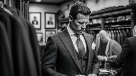 A well dressed man contemplates his look during a suit fitting in a sophisticated menswear store.の素材
