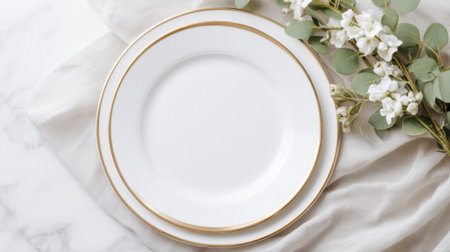 A simple yet elegant white plate rests on soft fabric highlighted by delicate flowers nearby.の素材