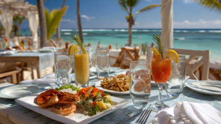 Enjoying a seafood feast with colorful cocktails while overlooking the beautiful beach scenery.の素材