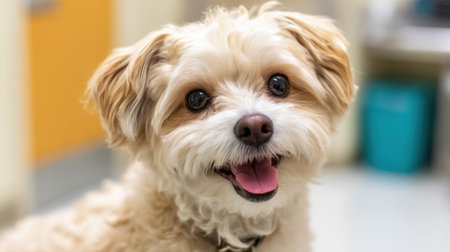 Fluffy small dog with a joyful expression enjoys time indoors radiating happiness and charm.の素材