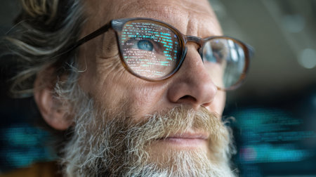 A dedicated programmer studies intricate code reflected in his glasses immersed in his work environment.の素材