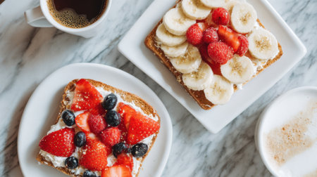 Two slices of toast topped with strawberries, bananas and blueberries sit beside a cup of coffee.の素材